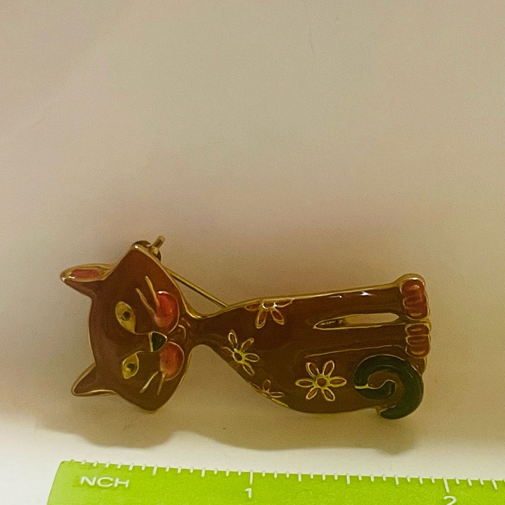 Vintage Enamel Cat Brooch Brown Goldtone - Picture 4 of 4